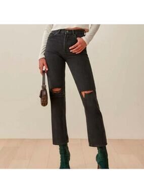 Reformation Cynthia high rise straight leg jeans  black lagoon destroyed retro